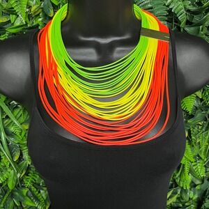 Neon Multi Strand Bib Statement Necklace Green Yellow Orange Magnetic Clasp 3817